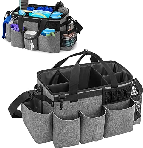 LoDrid Tote Cleaning Caddy Bag with 4 Foldable Dividers, Wearable Cleaning Supply Organizer with Side Handles and Shoulder Strap for Cleaners & Housekeepers, Grey (Bag Only)