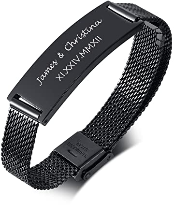 FLHEART Personalisiertes Armband Für Herren | Individuell Graviertes Schwarzes Edelstahl Geflechtband ID verstellbares Armband Schmuck Individuelles Geschenk für Ehemann Vater Bruder Sohn Opa