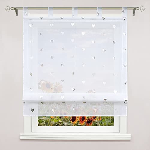 Delien Voile Raffrollo Transparente Rollos Küche Gardine Modern Raffgardine Kurz Vorhang »Herz« Schlaufenrollo Schals für Fenster Gardinen mit Schlaufen BxH 140x140cm,Weiß