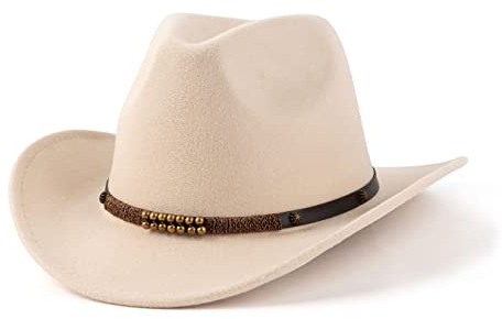 EOGIMI Western-Cowboyhüte für Damen und Herren, Filz, breite Krempe, Panama-Hut mit Gürtelschnalle, Perlenband creme, Medium