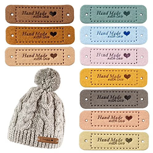 60 Stück Handmade Label, Handgefertigtes Etikett aus Wildleder, Leder Etiketten mit Löchern, Strickzubehör für DIY-Hüte Kleidung Annähen Strickdekoration