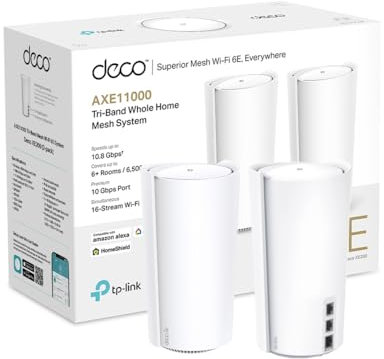 TP-Link Deco XE200 AXE11000 Whole Home Mesh Wi-Fi 6E System, Tri-Band Wi-Fi, Gigabit Ports, AI-Driven Mesh, cover up to 6,500 ft2, Connect up to 200 devices,2.2 GHz Quad-Core CPU, HomeShield,Pack of 2