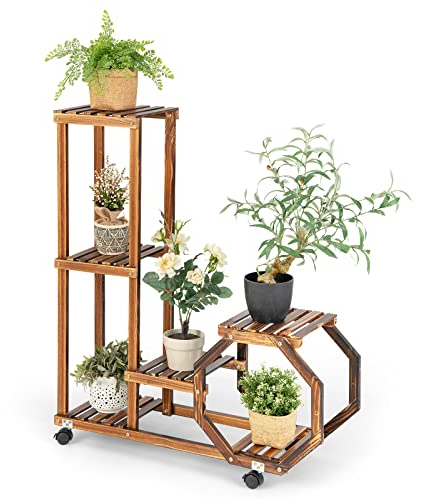 GOPLUS Estanteria Madera para Plantas, con Ruedas, Desmontable Soporte para Flores Interior, Estante Decorativa de Macetas, Madera Maciza, 6 Capas, 87,5 x 29 x 102,5 cm