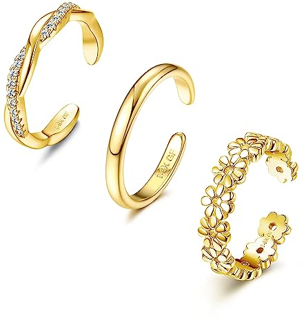 JeryWe 3PCS Réglable Bagues d'orteil 14K Plaqué Or pour Femmes Ouverte Anneaux pour Petits Doigts Set Bande CZ Fleur Bagues De Pouce Simple Bijoux de Pied d'Été de Plage Style A