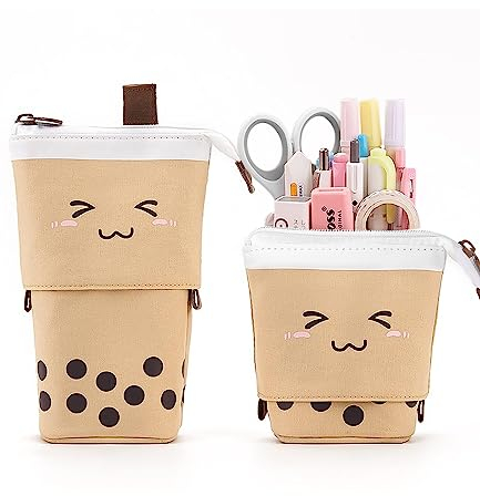 Xespis Trousse Crayon Télescopique, Trousse Scolaire à Fermeture éclair, 2 en 1 Trouse sur Pied, Trousse Scolaire Fille, Trousse Kawaii, pour Garçons Filles Etudiants et Fournitures de Bureau(Marron)