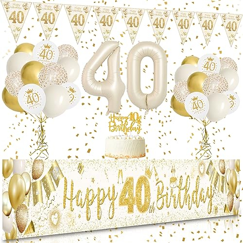 40 Geburtstag Frauen, VICTERR Sandweiß Gold Deko 40. Geburtstag Frauen und Männer Geburtstagsdeko Set, Lange Größe Happy 40th Birthday Banner Hintergrund 274×37cm, Girlande Wimpel Konfetti Luftballons