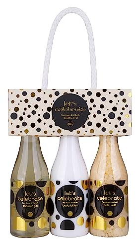 accentra - Let's celebrate Geschenkset Frauen in Plastik Sekt-Fläschchen - Bade- & Duschset mit Tea Rose & Velvet inkl. Duschgel, Bodylotion & Badesalz - 3-Teiliges Wellness Set für Damen & Mädchen