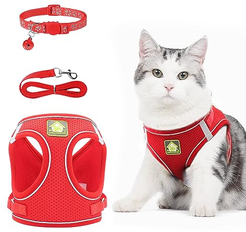 NeuWee Katzengeschirr mit Leine Ausbruchsicher, Katzengeschirr Leine Set mit Katzenhalsband, Katzenleine mit Geschirr für Katzen, Verstellbar Reflektierend Cat Harness für Kitten Hund(XS, Rot)