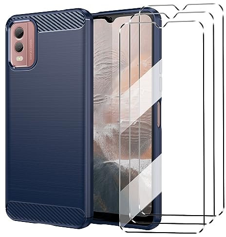 HuiYouMY [4 in 1] Case Compatible with NOKIA C32 Cover with 3 Pack Tempered Glass Screen Protector for NOKIA C32, Slim Fit Soft TPU Shockproof Anti-Scratch Phone Case Cover - Navy