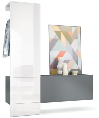 Vladon Penderie Carlton Set 4, Meuble d’entrée Comprenant 1 Panneau Porte-Manteaux, 1 Module de Commode, Anthracite Mat/Blanc Haute Brillance (156,5 x 193 x 35 cm)