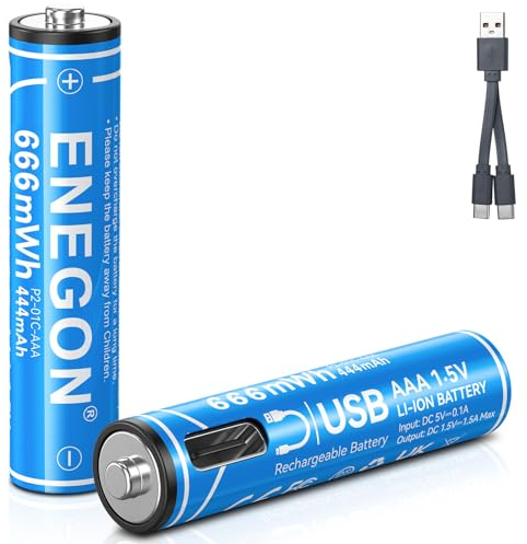 ENEGON 2-Pack 925mWh 1.5V Batterie Ricaricabili Agli Ioni di Litio USB C AAA Ricaricabili Con Cavo di Ricarica 2-in-1 - Ricarica Tramite Tipo C, Non Richiede Caricabatterie