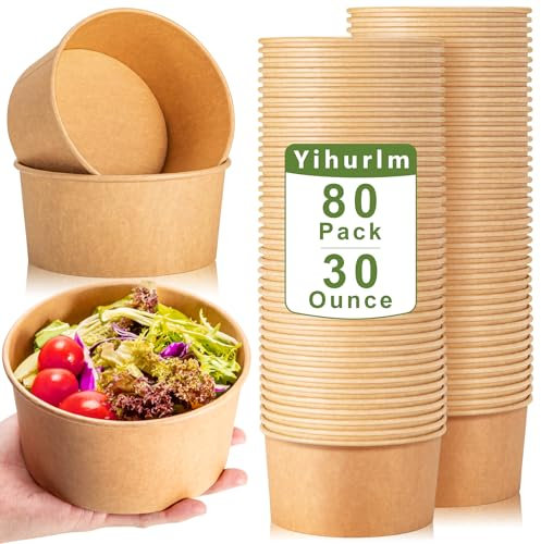 Yihurlm Cuencos de papel grandes, 80 cuencos desechables de 30 onzas a granel, cuenco de ensalada de papel kraft, cuencos de papel desechables redondos, cuencos de sopa de papel para ensalada de sopa