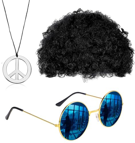 3 Stück Disco Hippie Kostüm Set, Herren Hippie Kostüm Zubehör Set, Hippie Accessoires, Afro Perücke, 70's 80' s Jahre Hippie Kostüm Perücke Zubehör für Cosplay, Karneval, Themen Party