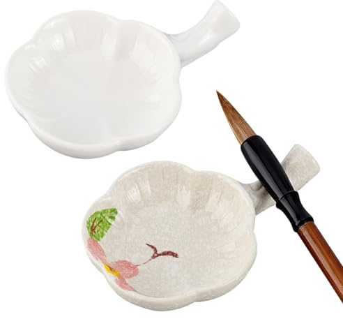 PH PandaHall 2pz Piatto per Inchiostro In Ceramica Piatto per Inchiostro In Porcellana con Manico Porta Pennelli per Calligrafia Cinese Tavolozze per Pittura A Forma di Fiore Ciotola Multifunzionale