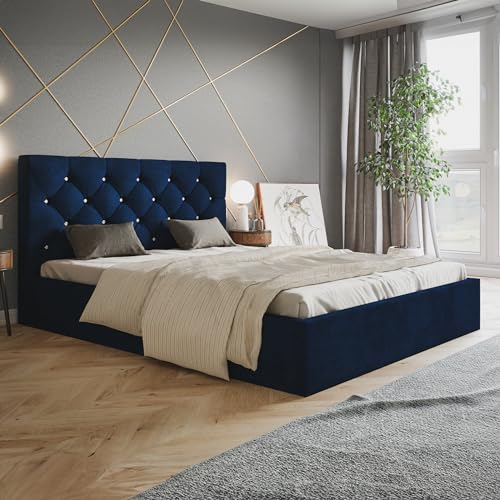 MOTIVENA Crystal Polsterbett 160x200 Blau, Polsterbett 160x200 Samt, Polsterbett 160x200 mit Bettkasten, Polsterbett 160x200 mit Stauraum, mit Lattenrost, mit Kopfteil, ohne Matratze, Dunkelblau