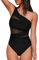 CUPSHE Damen Badeanzug One Shoulder Sheer Mesh Geraffte Bauchkontrolle Asymmetrische Einteilige Bademode Swimsuit Einfarbig Schwarz XL