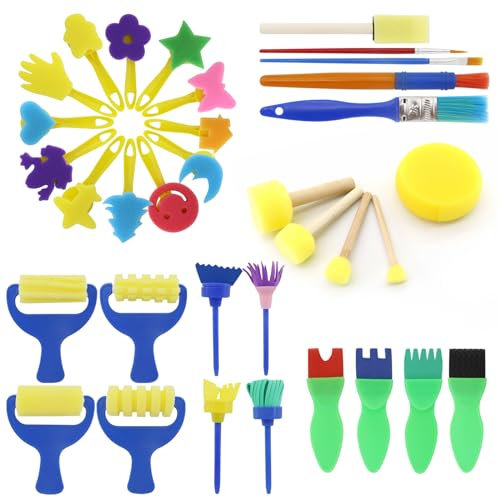 TOKSEO 34 Pièces Pinceaux éponge pour Enfants, Ensemble d'outils de Einture pour Enfants, Ensemble d'éponges pour Enfants, Outils de Dessin pour l'éducation Préscolaire, Outils de Dessin Artisanal