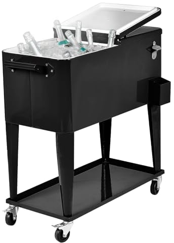 COSTWAY 76L Kühlwagen Beistellwagen, Servierwagen Kühlbox mit Rädern und Ablagefläche, Kühlbehälter Getränkewagen, Getränkekühler inkl. Flaschenöffner für Outdoor Terrassen Party (Schwarz)