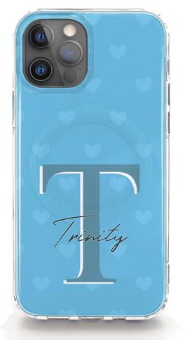 Hairyworm Personalised Phone Case for Apple iPhone 11, iPhone 12, iPhone 13 and iPhone 14 with Heart Pattern and Personalised Initial and Custom Name Cover in Baby Blue