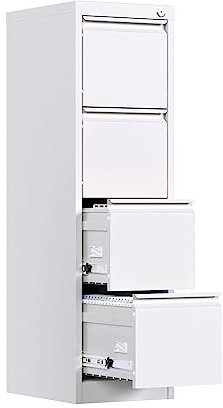Super Metal Vertical File Cabinet with Lock, 4 Drawer, Office/Home Steel Cabinet for Letter/Legal Size, H133cm*W38cm*D45cm, Assembly Required (White)