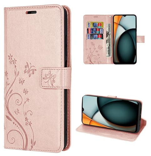 betterfon Hülle Kompatibel mit Xiaomi Redmi A3 | Premium PU Leder Handyhülle Wallet Case für Redmi A3 | Schutzhülle Blumen Klapphülle Handyhülle | Rosegold