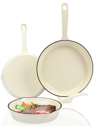 Juego de sartenes de hierro fundido esmaltado, juego de 3 piezas, juego de utensilios de cocina antiadherentes, revestimiento de cerámica no tóxico, sin PFAS y PTFE y PFOA, compatible con gas,
