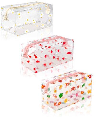 flintronic 3 Pcs Clear Pencil Case Large Pen Bag,Transparent Cosmestic Makeup Bags, PVC Pencil Case Stationery Pouch,Cute Heart Daisy Sunflower Pattern Bags,for Women and Girls