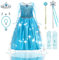 AFEIGE Kostüm Kinder Mädchen ELSA Kleid Kinder mit Krone Diadem Handschuhe Zauberstab für Weihnachten (150)