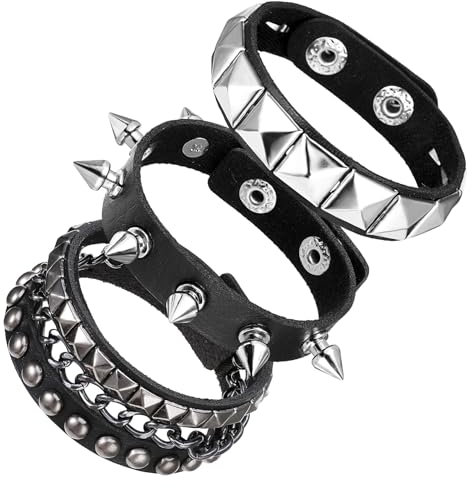 Yolev 3 Pcs Studded Bracelet Set - Black Leather Rivet Punk Bracelet Cuff Wrap Bangle Snap Button Metal for Men Women Halloween Accessories