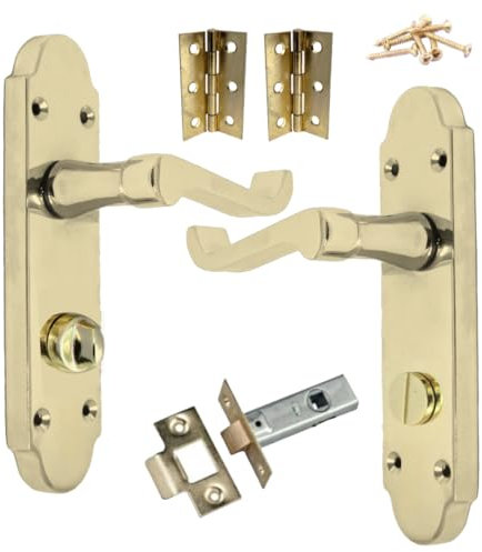 Betley Butterfly Epsom Door Handle Brass Scroll Lever Privacy Internal Latch Bathroom Handle with Hinges and Latch Set 170mm x 40 mm Modern Home & Office Wooden Doors