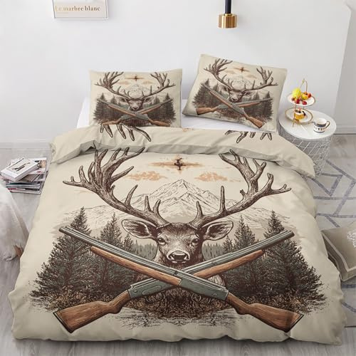 NOGAWA Bettwäsche Wildtiere Hirschmotiv 135x200 - Bettbezug Rustikal Jagdmotiv, Bettwäsche-Sets 2 teilig, Weich & Atmungsaktiv Mikrofaser Wendebettwäsche und 1 Kissenbezug 80x80 mit Reißverschluss