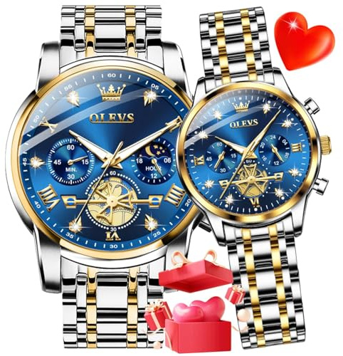 OLEVS Armbanduhr-Set für Paare, für Sie und Ihn, passende Armbanduhr, Diamanten, romantisch, Valentinstag, Chronograph