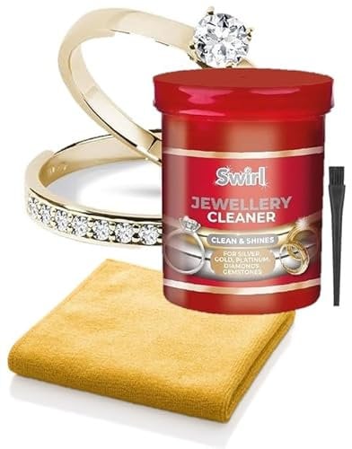 Jewellery Cleaner Kit – 145ml Liquid Solution with Basket, Brush & Polishing Cloth – Cleans Gold, Silver, Diamonds & Gemstones – Non-Toxic, Deep Clean for Rings, Earrings & Watches - Swirl