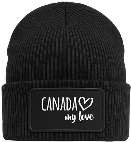 Huuraa Beanie Canada My Love Geschenk | Black Geschenkidee Schwarze Rippstrick Wintermütze mit austauschbarem Klett Patch