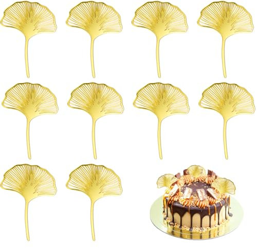 10 Pcs Acrylic Ginkgo Leaves Gold Cake Decorations Gold Cake Topper Diy Pastry Supplies for Birthday Wedding and Cake Baking Accessories