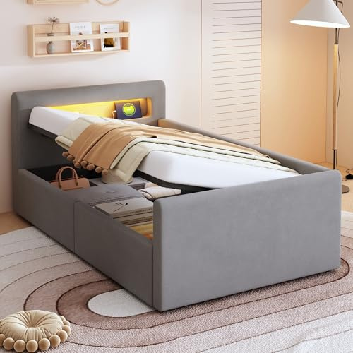 Dolamaní Modern Jugendbett 90x200 cm Polsterbett, Bett mit Lattenrost & Stauraum, Polster Kopfteil mit LED Nachtlicht & USB-Ladeanschluss, Samtstoff, Kinderbett für Jungen & Mädchen (Hellgrau)