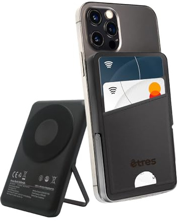Etres Powerbank Portafogli con ricarica Wireless MagSafe 5000mAh – Compatibile con Apple e Android, Ricarica Rapida Wireless e via Cavo Type-C – Cavo Incluso (Nero)