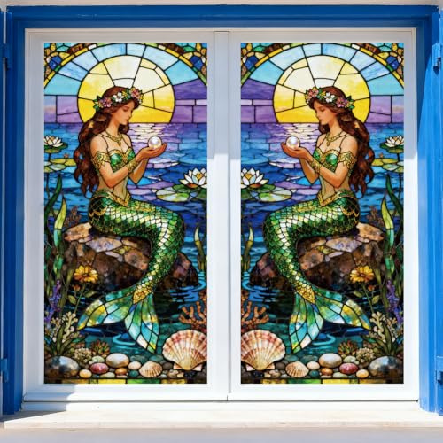 ANATTASOUL Meerjungfrauen Und Korallen Fensterbilder for Frühling Sommer | Doppelseitig Blickdichter Badezimmer Fensterbilder Kinderzimmer Wiederverwendbare Fensterbilder Frühling for Winter Herbst