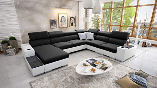 IM SOFA XXL Eckcouch U-Form Bettfunktion Ecksofa Wohnlandschaft PERS VIII (Schwarz Sawana + Weißes Kunstleder, Links)