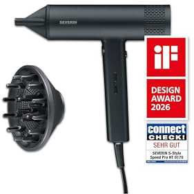 Severin Haartrockner, Ionen-Föhn, mit Anti-Frizz, 2000W, 3 Temperatur-& 3 Leistungsstufen, Kaltstufe, inkl. Konzentrator, Diffusor, schonendes Styling, 3,5m Kabel, S-Style, matt/schwarz, HT 0170