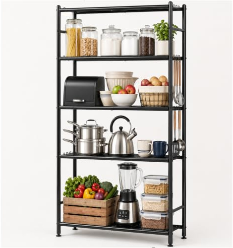 KINGRACK Estantería de Metal de 5 Niveles con estantes de Rejilla y Ganchos Laterales, estantería de Cocina Alta para Cocina, baño, salón, Oficina, estantería de Acero Negro con 4 Alturas fijas, 84 x