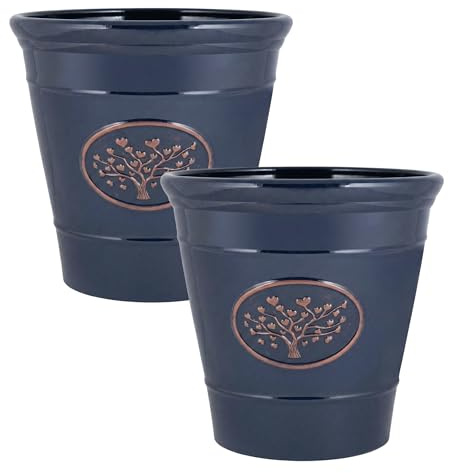 Fyne-Finds Round Plastic Olive Blue 30cm,12inch Plant Pot 14Liters Tree of Life Embossed Garden Planter Weatherproof Drainage Holes (2)
