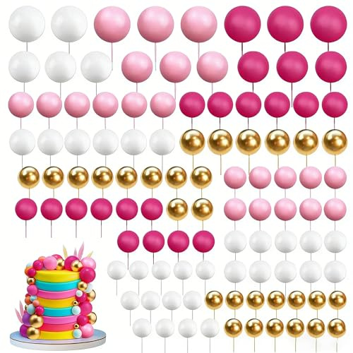 Ball Cake Topper Decorations 113 Pcs, Foam Round Ball Cake Toppers with Sticks in Rose Red Pink White Gold, Mini Balloons Cake Decorating Supplies for Wedding Birthday Party Cake Accessories