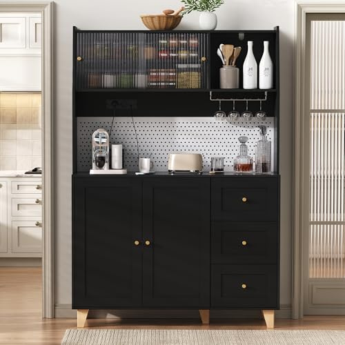MURUL Mobile alto nero, con prese, tavola forata, porta bicchieri da vino e cassetti, ideale come armadio da bar per cucina e sala da pranzo