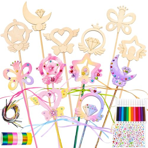 12 Stück Zauberstab Bastelset, DIY Prinzessin Zauberstab Holz Set mit Aquarellstiften, Rollen Klebeband, Aufkleber, Bänder, Zauberstäbe für Kindergeburtstag Basteln, Feen Geburtstag Deko, Party