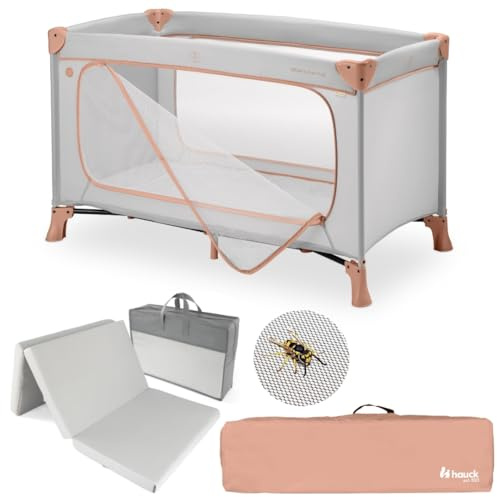 hauck Dream n Play Plus Baby Reisebett Set - Dusty Cork | inkl. Matratze & Insektenschutz | faltbares Kinder Reisebett mit großem Seiteneingang und Tasche