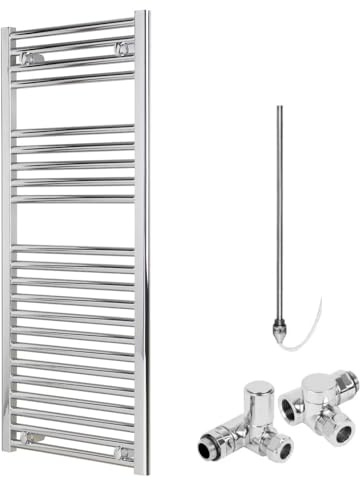 Bray Straight Dual Fuel Heated Towel Rail/Warmer/Radiator, Chrome. Round Tube, High Output, For Bathroom, Kitchen, 1200 x 500