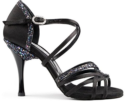 Portdance Damen Tanzschuhe PD800 Pro - Satin Schwarz/Glitzer - 5.5 cm Slim [EUR 40]