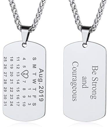 Custom4U Benutzerdefinierter Kalender Erkennungsmarken Anhänger mit Textgravur 316L Edelstahl Militär Armee Dog Tag Anhänger mit Kalender Gravur in Silber mit 55cm+5cm Kette für Damen Herren