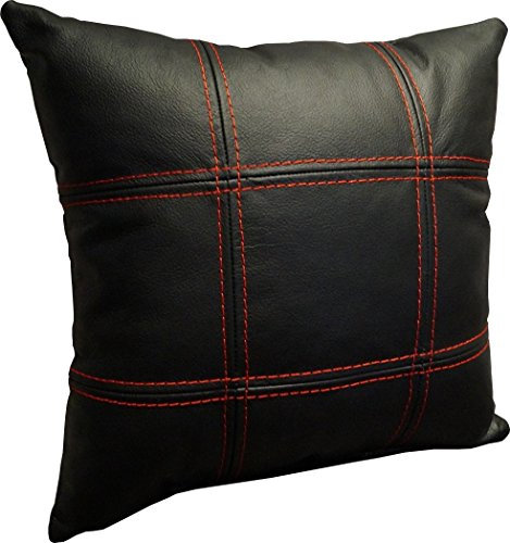 Quattro Meble Kissen Schwarzes Echtleder mit roten Nähten Sofa & Stuhl Dekokissen Zierkissen Echtleder Rückenkissen Rindsleder Echt Leder Modell 18EL (50 x 50 cm)